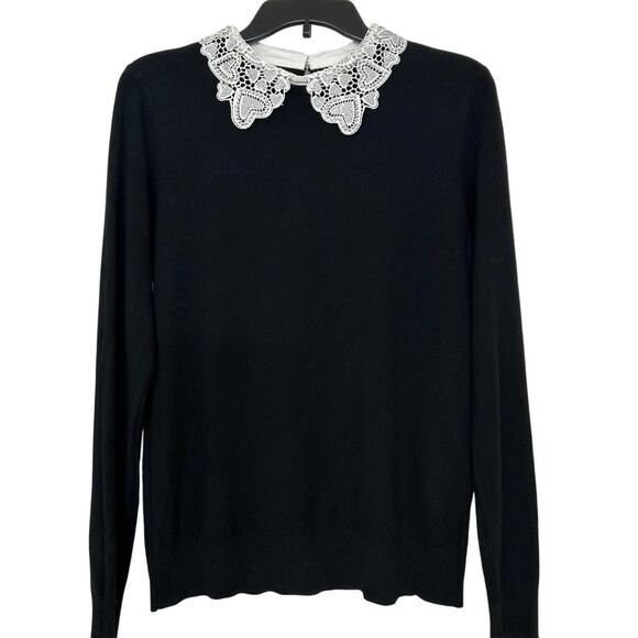 Siani Milano Sweaters - Siani Milano Black Lace Embellished Collared Sweater Size Medium Dainty Feminine